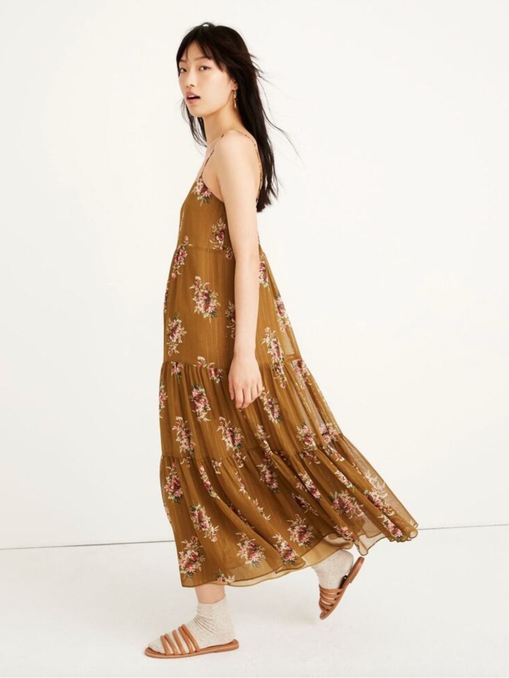 MADEWELL Cami Tiered Midi Dress Smocked Back Spaghetti Straps Flowy Loose US 10 - Picture 12 of 13